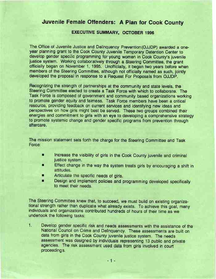 Cook County: A Plan for Juvenile Female Offenders